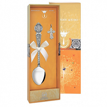 Серебряный крестильный набор с чернением «Ангел-Хранитель»