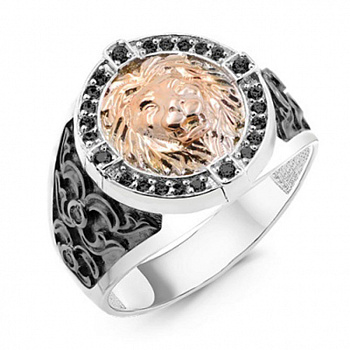 Серебряное кольцо-печатка с фианитами «Царь зверей»