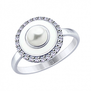 Серебряное кольцо с жемчугом и фианитами «Галактика»