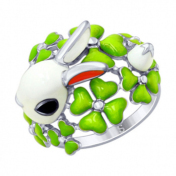 Серебряное кольцо «Белый кролик» с эмалью