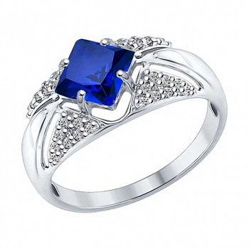 Серебряное кольцо с бесцветными и синим фианитами