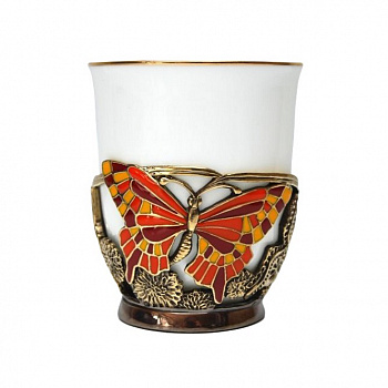 Фарфоровая чашка «Бабочка» в латунном подстаканнике с эмалью