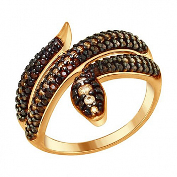 Серебряное кольцо «Змея» с фианитами и золочением