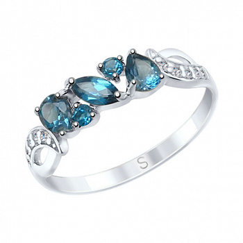 Серебряное кольцо с синими топазами и фианитами