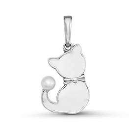 Серебряная подвеска «Котенок» с жемчугом и белой эмалью