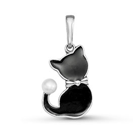 Серебряная подвеска «Котенок» с жемчугом и черной эмалью