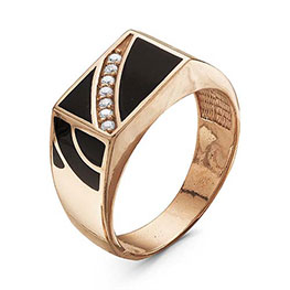 Серебряное кольцо «Черный блик» с фианитами, эмалью и позолотой