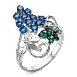 Серебряное кольцо «Виноградная лоза» с кварцевым сапфиром и зелеными фианитами