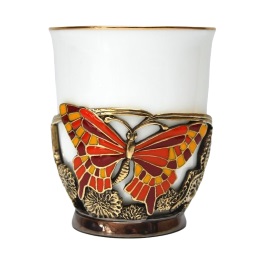 Фарфоровая чашка «Бабочка» в латунном подстаканнике с эмалью