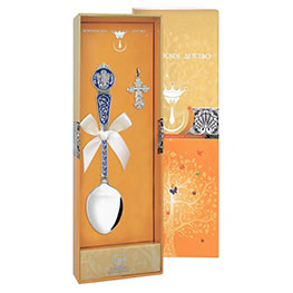 Серебряный крестильный набор с синей эмалью «Ангел-Хранитель»