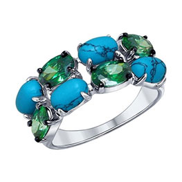 Серебряное кольцо с бирюзой и зелеными фианитами