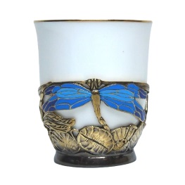 Фарфоровая чашка «Стрекозы» в латунном подстаканнике с эмалью