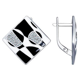 Серебряные серьги с эмалью и фианитами «Черное и белое»
