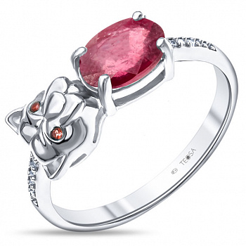 Серебряное кольцо с рубином и фианитом «Котенок»