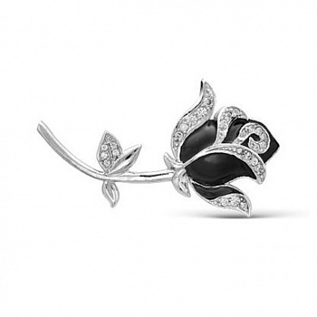 Серебряная брошь «Роза» с фианитами и черной эмалью