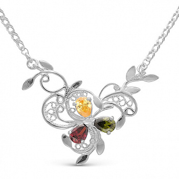 Серебряное колье «Сказочный цветок» с разноцветными фианитами для женщин