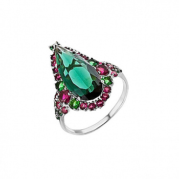 Серебряное кольцо с зеленым кварцем и рубином