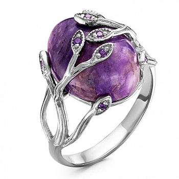 Серебряное кольцо с фиолетовым чароитом и фианитами