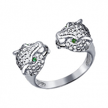 Серебряное кольцо с зелеными фианитами «Пантера»