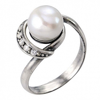 Серебряное кольцо «Романтика» с жемчугом и фианитами