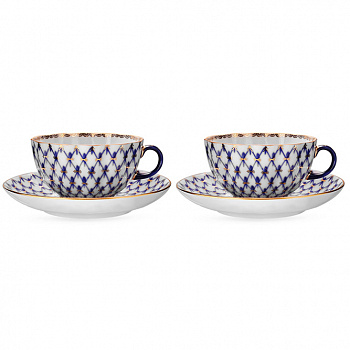 Фарфоровый набор из двух чайных пар «Кобальтовая сетка»
