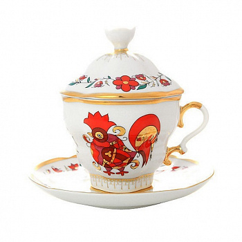 Фарфоровая чайная чашка с крышечкой и блюдцем «Сувенир»