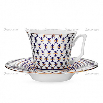 Фарфоровые чашка с блюдцем чайные "Кобальтовая сетка КН1" форма Юлия