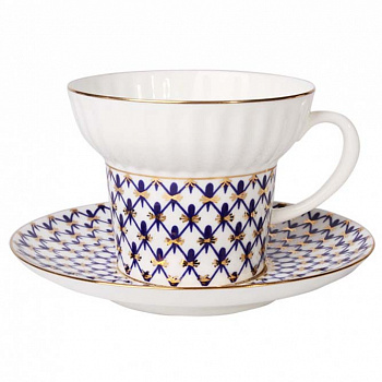 Фарфоровая чайная чашка с блюдцем «Кобальтовая сетка»