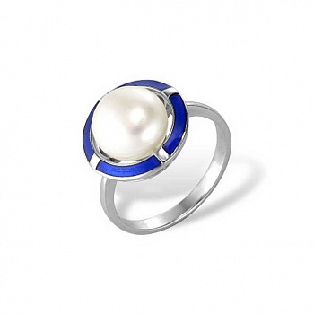 Серебряное кольцо с жемчугом и эмалью "Океан"