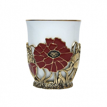 Фарфоровая чашка «Маки» в латунном подстаканнике с эмалью